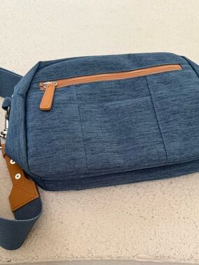 Casual Denim-Style Blue Belt Bag with Tan Accents